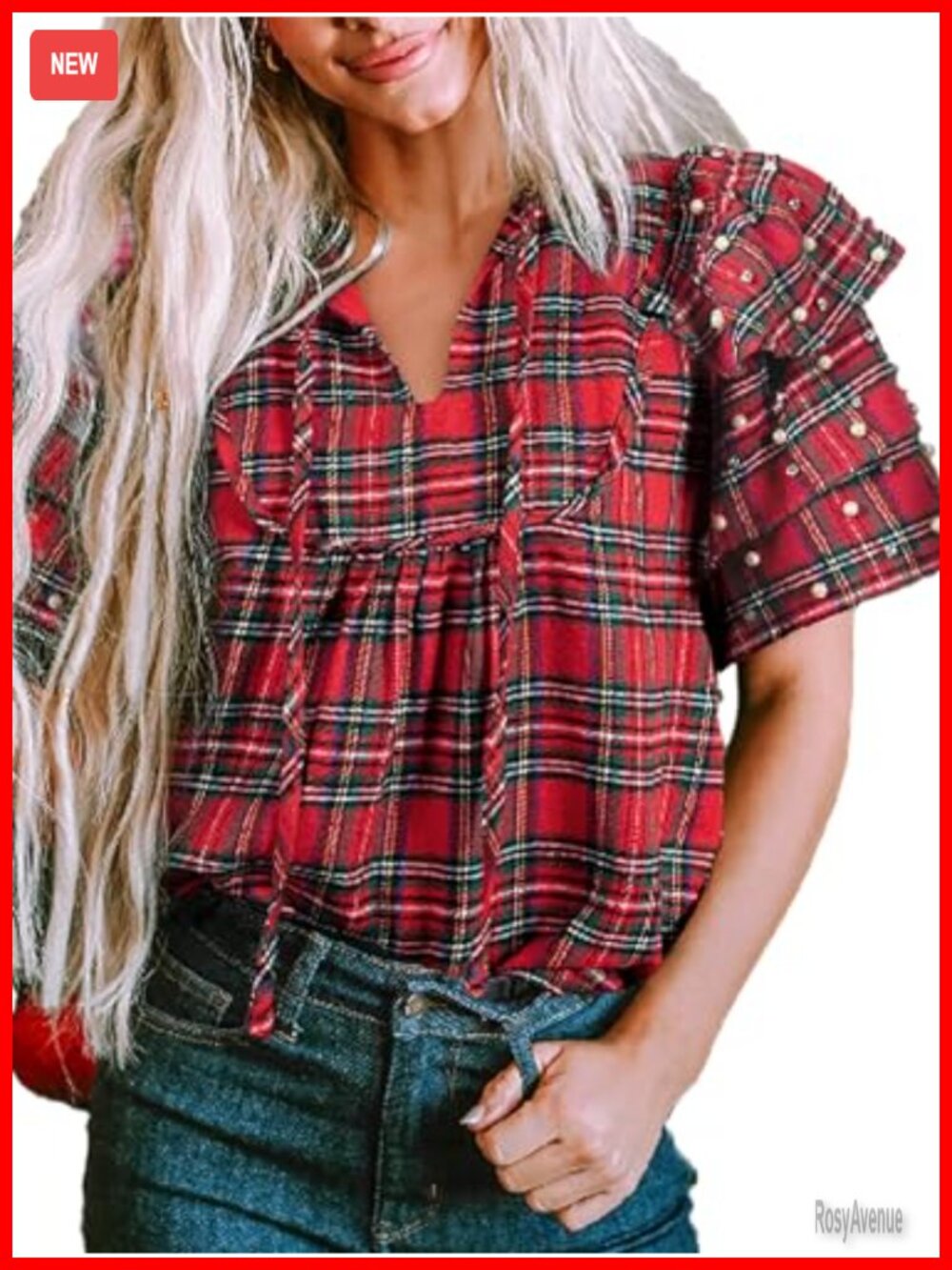 Plaid Pearl Ruffle Sleeve V Neck Loose Fit Short Sleeve T Shirt Top